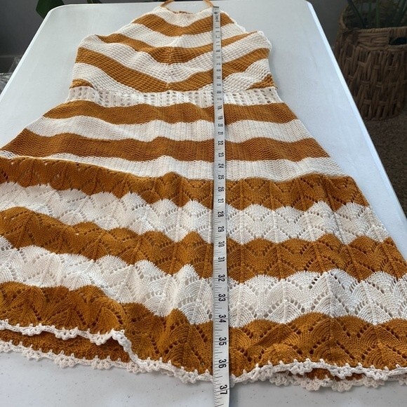 BCBG Sweater Halter Dress in Ivory & Caramel Spice Crochet Knit Stripe Lined - Picture 16 of 16